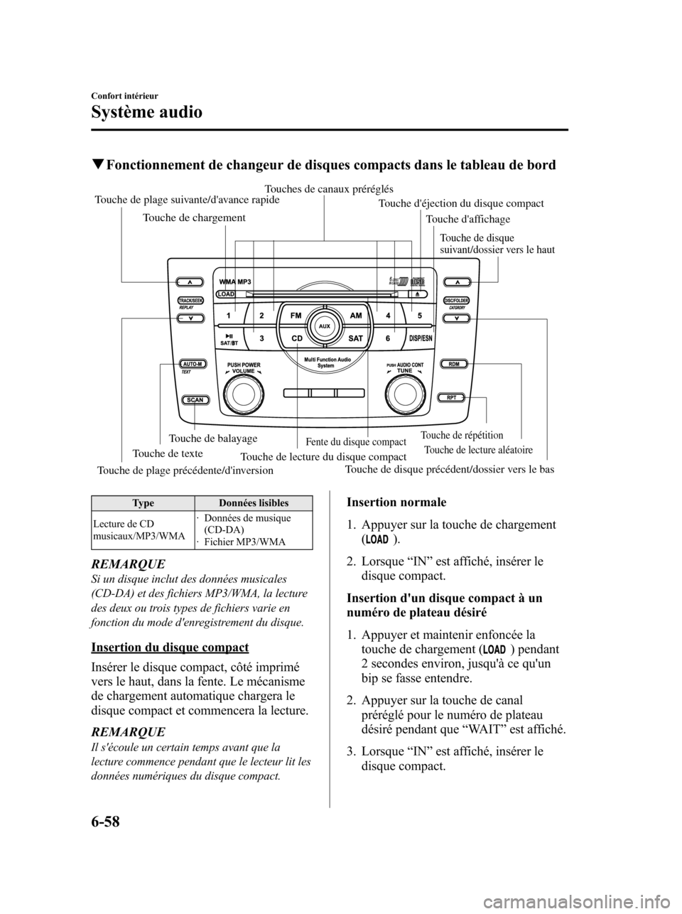 MAZDA MODEL 6 2010 Manuel du propriétaire (in French) qFonctionnement de changeur de disques compacts dans le tableau de bord
Touche de plage suivante/davance rapide
Touche déjection du disque compact
Touche daffichage
Touche de chargement
Touches de MAZDA MODEL 6 2010 Manuel du propriétaire (in French) qFonctionnement de changeur de disques compacts dans le tableau de bord
Touche de plage suivante/davance rapide
Touche déjection du disque compact
Touche daffichage
Touche de chargement
Touches de