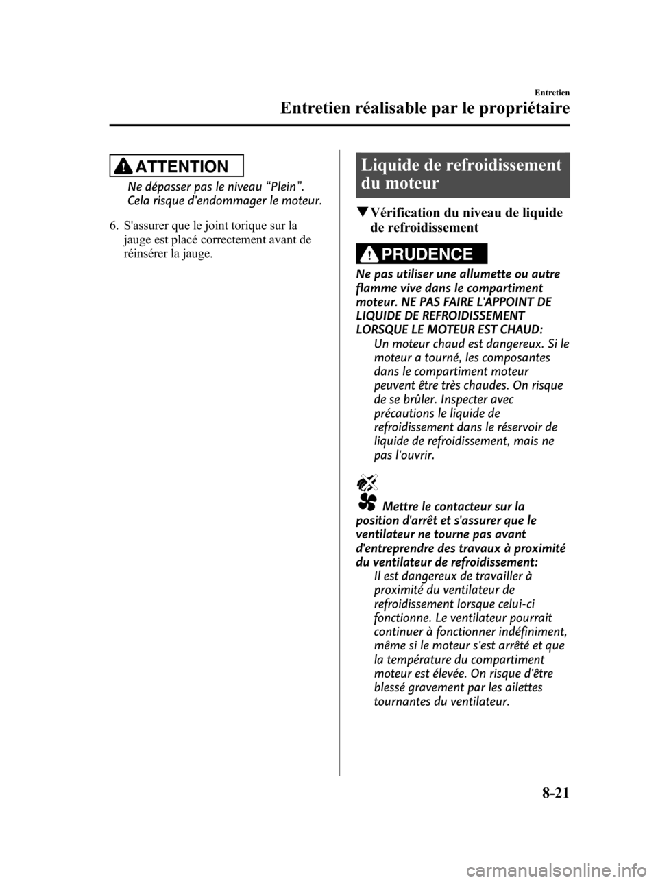 MAZDA MODEL 6 2010 Manuel du propriétaire (in French) ATTENTION
Ne dépasser pas le niveau“Plein”.
Cela risque dendommager le moteur.
6. Sassurer que le joint torique sur la
jauge est placé correctement avant de
réinsérer la jauge.
Liquide de re MAZDA MODEL 6 2010 Manuel du propriétaire (in French) ATTENTION
Ne dépasser pas le niveau“Plein”.
Cela risque dendommager le moteur.
6. Sassurer que le joint torique sur la
jauge est placé correctement avant de
réinsérer la jauge.
Liquide de re
