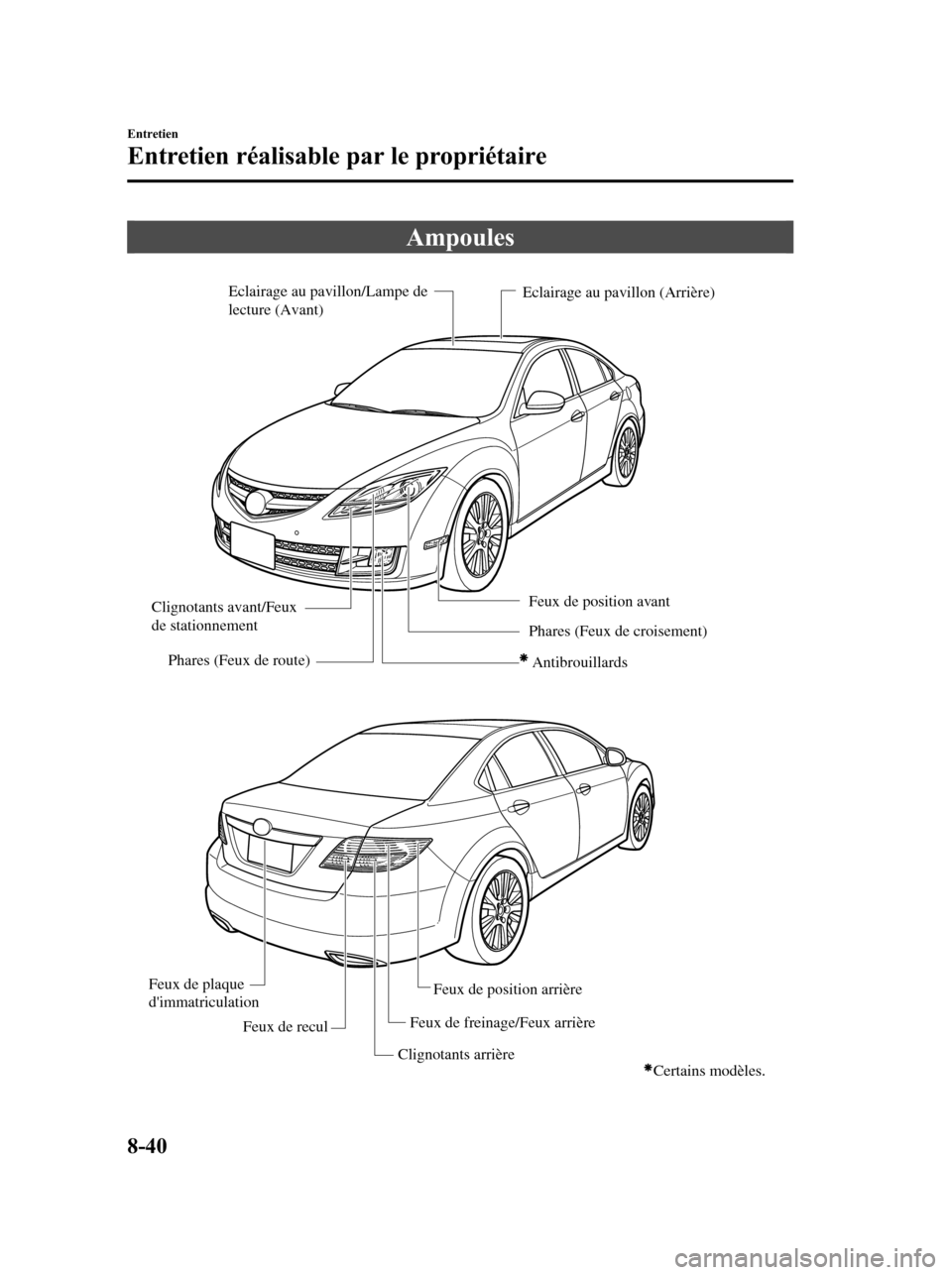 MAZDA MODEL 6 2010  Manuel du propriétaire (in French) Ampoules
Eclairage au pavillon/Lampe de 
lecture (Avant)
Phares (Feux de route)
Antibrouillards
Phares (Feux de croisement) Clignotants avant/Feux 
de stationnement
Clignotants arrièreEclairage au pa