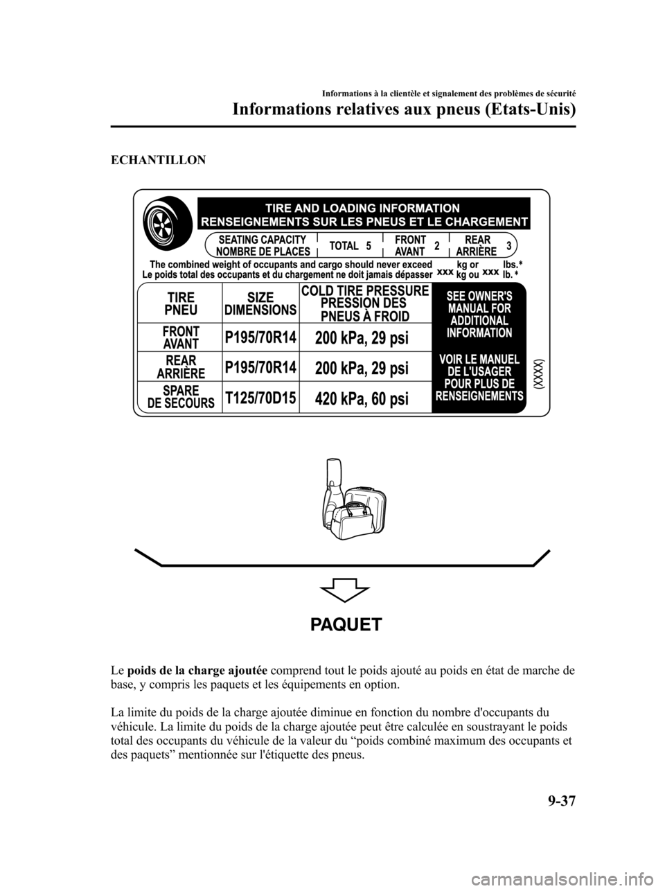 MAZDA MODEL 6 2010  Manuel du propriétaire (in French) ECHANTILLON
PAQUET
Lepoids de la charge ajoutéecomprend tout le poids ajouté au poids en état de marche de
base, y compris les paquets et les équipements en option.
La limite du poids de la charge