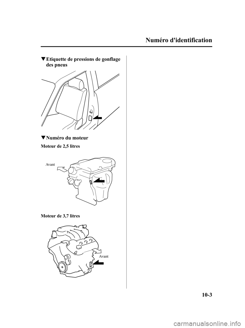 MAZDA MODEL 6 2010  Manuel du propriétaire (in French) qEtiquette de pressions de gonflage
des pneus
qNuméro du moteur
Moteur de 2,5 litres
Avant
Moteur de 3,7 litres
Avant
Numéro didentification
10-3
Mazda6_8AS2-EC-09E_Edition1 Page561
Wednesday, May 