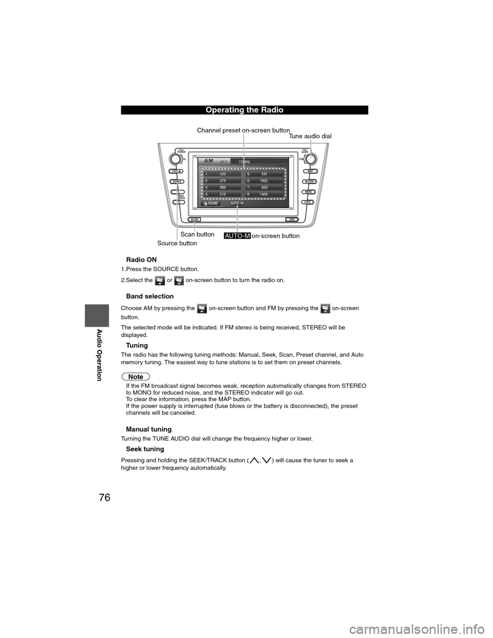 MAZDA MODEL 6 2009  Navigation Manual (in English) 76
Before 
UseGetting
started
RoutingAddress 
Book
Vo i c e  Recognition
Navigation 
Set Up
RDM-TMC
Audio Operation
Navigation 
Set Up
nRadio ON
1.Press the SOURCE button.
2.Select the   or   on-scree