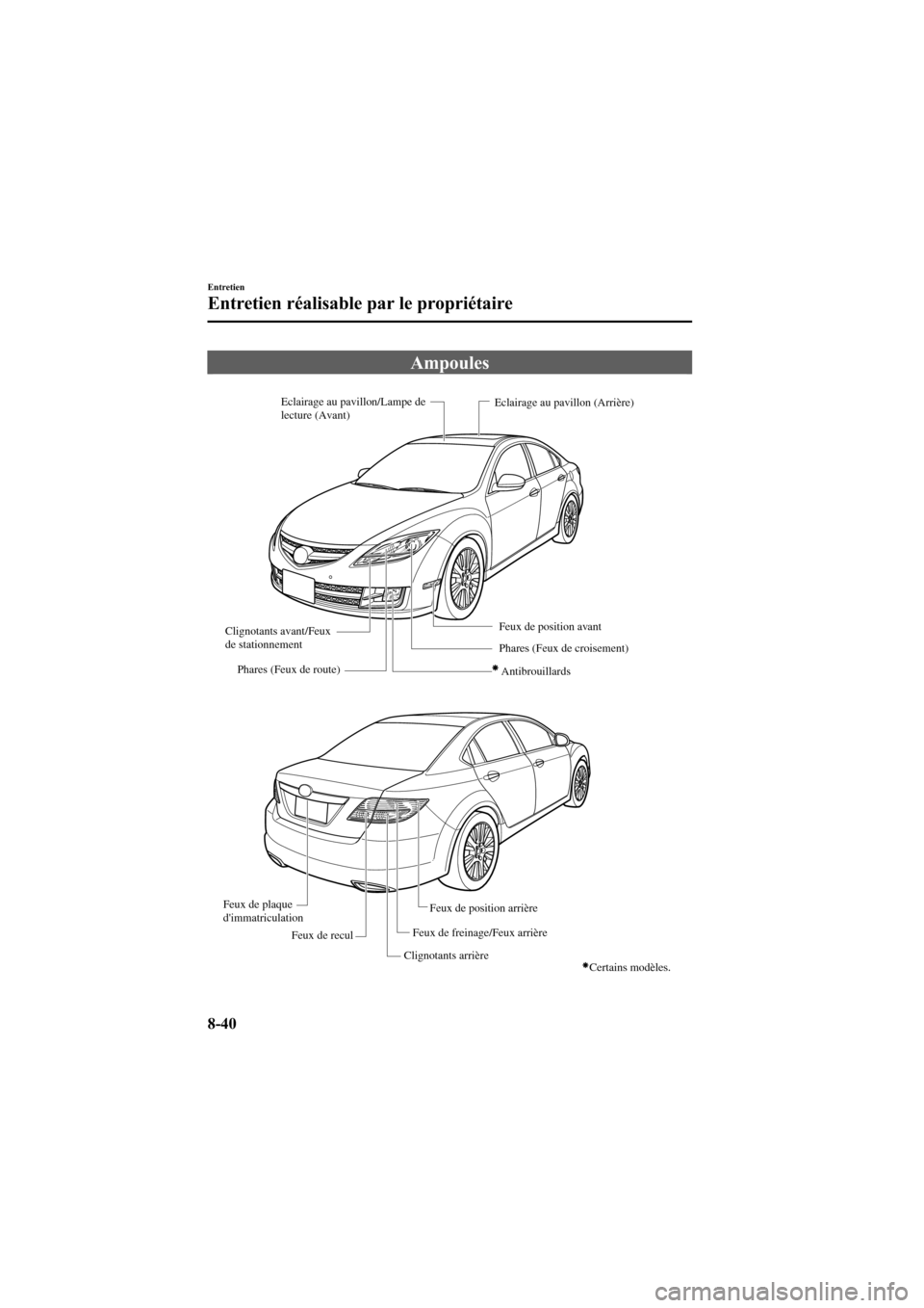 MAZDA MODEL 6 2009  Manuel du propriétaire (in French) Black plate (424,1)
Ampoules
Eclairage au pavillon/Lampe de 
lecture (Avant)
Phares (Feux de route) Antibrouillards
Phares (Feux de croisement)
Clignotants avant/Feux 
de stationnement
Clignotants arr
