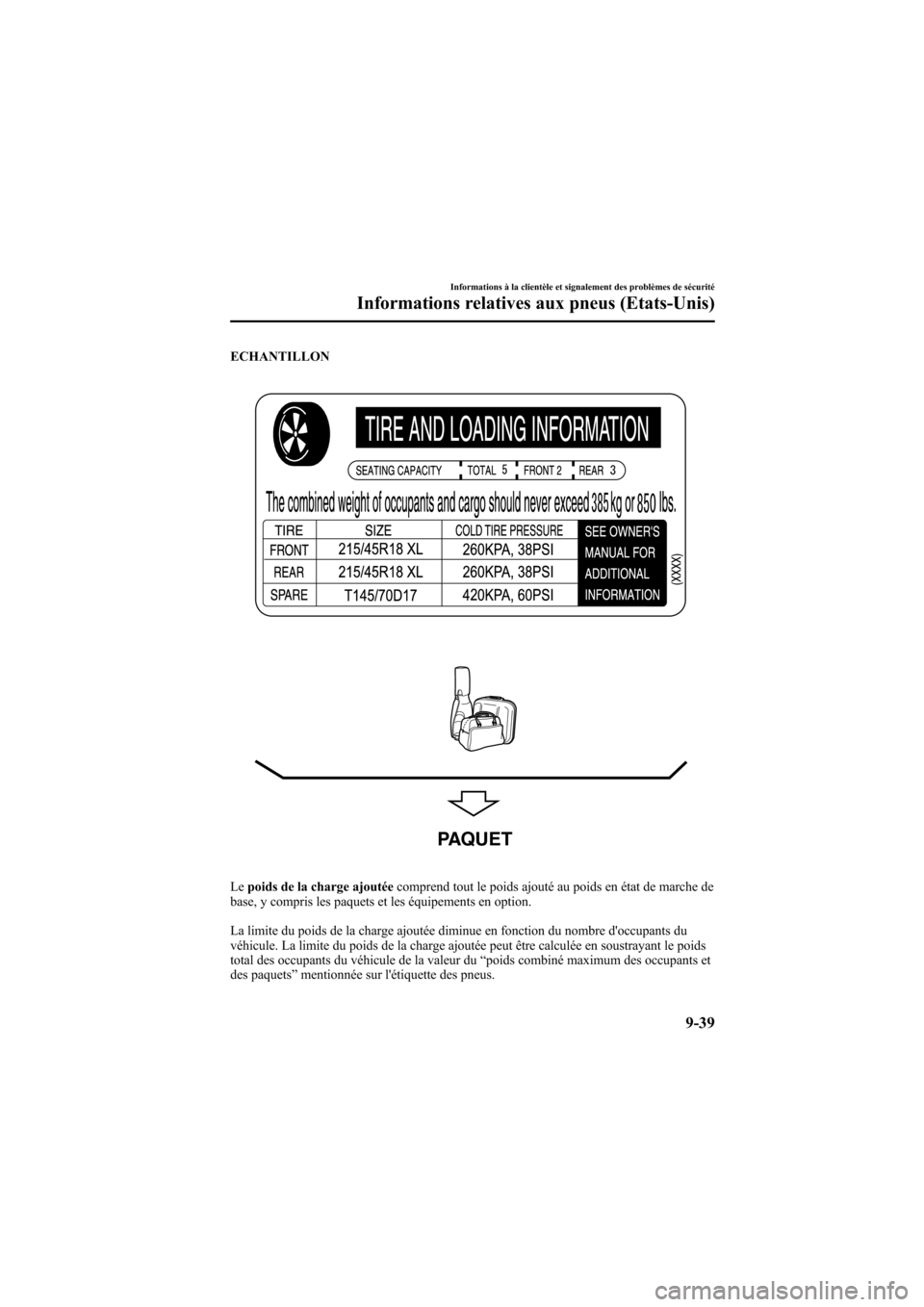MAZDA MODEL 6 2009  Manuel du propriétaire (in French) Black plate (485,1)
ECHANTILLON
PAQUET
Lepoids de la charge ajoutée comprend tout le poids ajouté au poids en état de marche de
base, y compris les paquets et les équipements en option.
La limite 