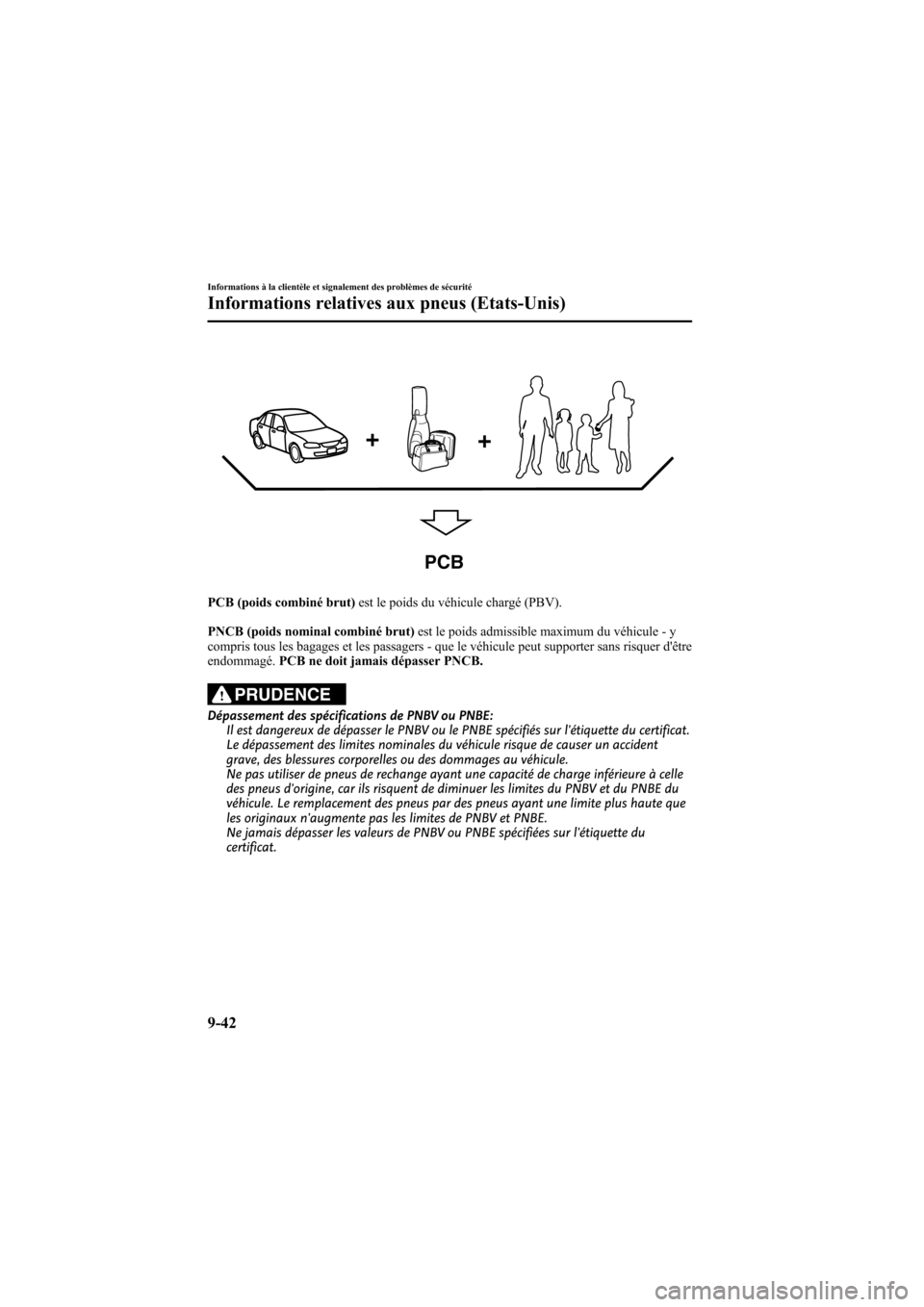 MAZDA MODEL 6 2009  Manuel du propriétaire (in French) Black plate (488,1)
PCB
PCB (poids combiné brut)est le poids du véhicule chargé (PBV).
PNCB (poids nominal combiné brut) est le poids admissible maximum du véhicule - y
compris tous les bagages e