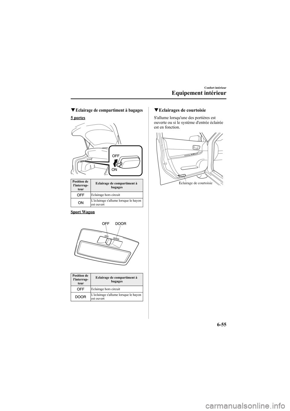 MAZDA MODEL 6 2007  Manuel du propriétaire (in French) Black plate (261,1)
qEclairage de compartiment à bagages
5 portes
Position de
linterrup-
teurEclairage de compartiment à
bagages
Eclairage hors circuit
Léclairage sallume lorsque le hayon
est ou