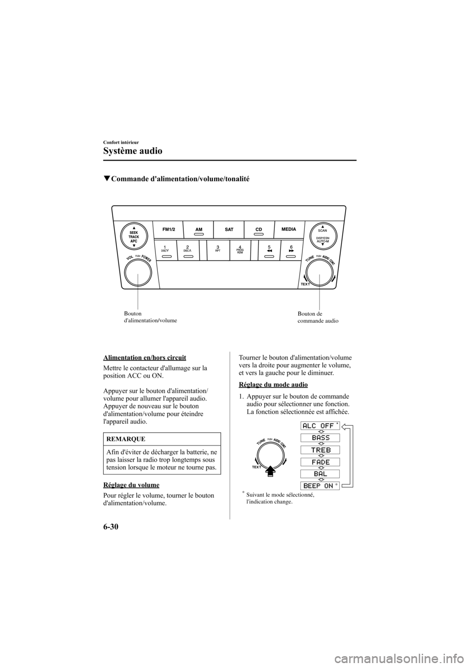 MAZDA MODEL 6 2006 Manuel du propriétaire (in French) Black plate (234,1)
qCommande dalimentation/volume/tonalité
Bouton
dalimentation/volumeBouton de
commande audio
Alimentation en/hors circuit
Mettre le contacteur dallumage sur la
position ACC ou MAZDA MODEL 6 2006 Manuel du propriétaire (in French) Black plate (234,1)
qCommande dalimentation/volume/tonalité
Bouton
dalimentation/volumeBouton de
commande audio
Alimentation en/hors circuit
Mettre le contacteur dallumage sur la
position ACC ou
