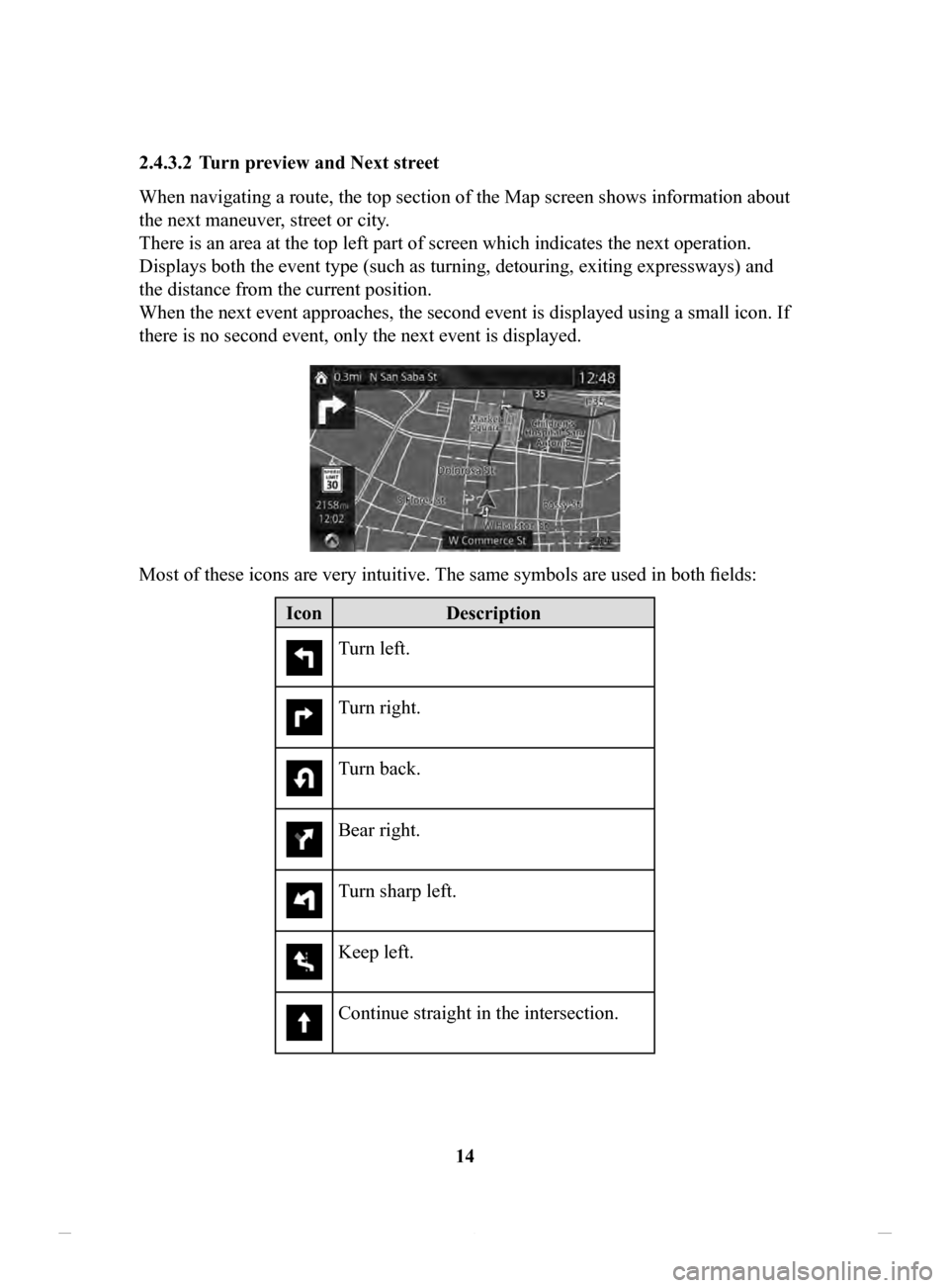 MAZDA MODEL CX-3 2020  Navigation Manual (in English) 14
2.4.3.2	 Turn
	preview	and	Next	street	
When navigating a route, the top section of the Map screen shows information about 
the next maneuver, street or city.
There is an area at the top left part 