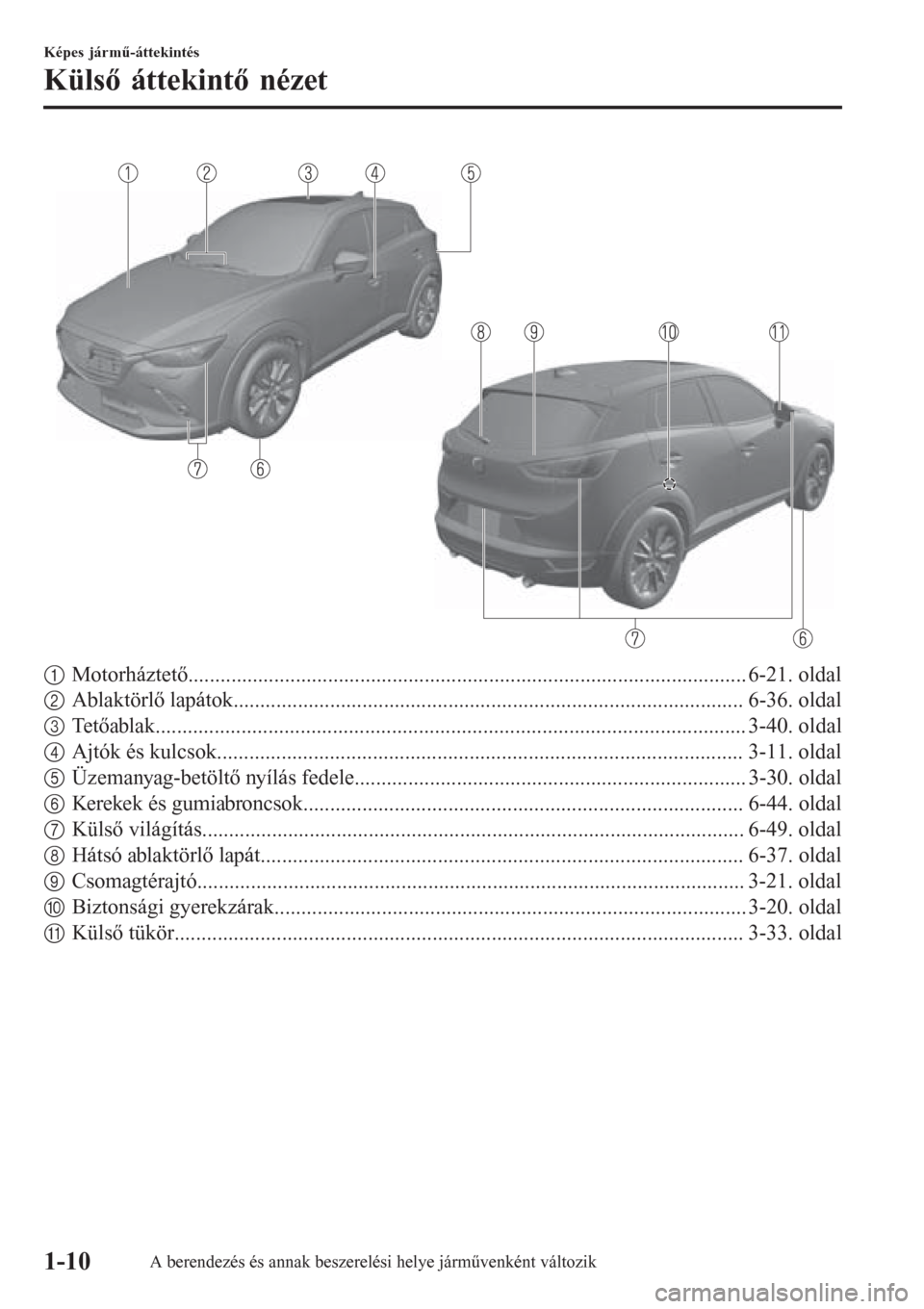 MAZDA MODEL CX-3 2016 Kezelési útmutató (in Hungarian) 1Motorháztető........................................................................................................ 6-21. oldal
2Ablaktörlő lapátok.............................................. MAZDA MODEL CX-3 2016 Kezelési útmutató (in Hungarian) 1Motorháztető........................................................................................................ 6-21. oldal
2Ablaktörlő lapátok..............................................