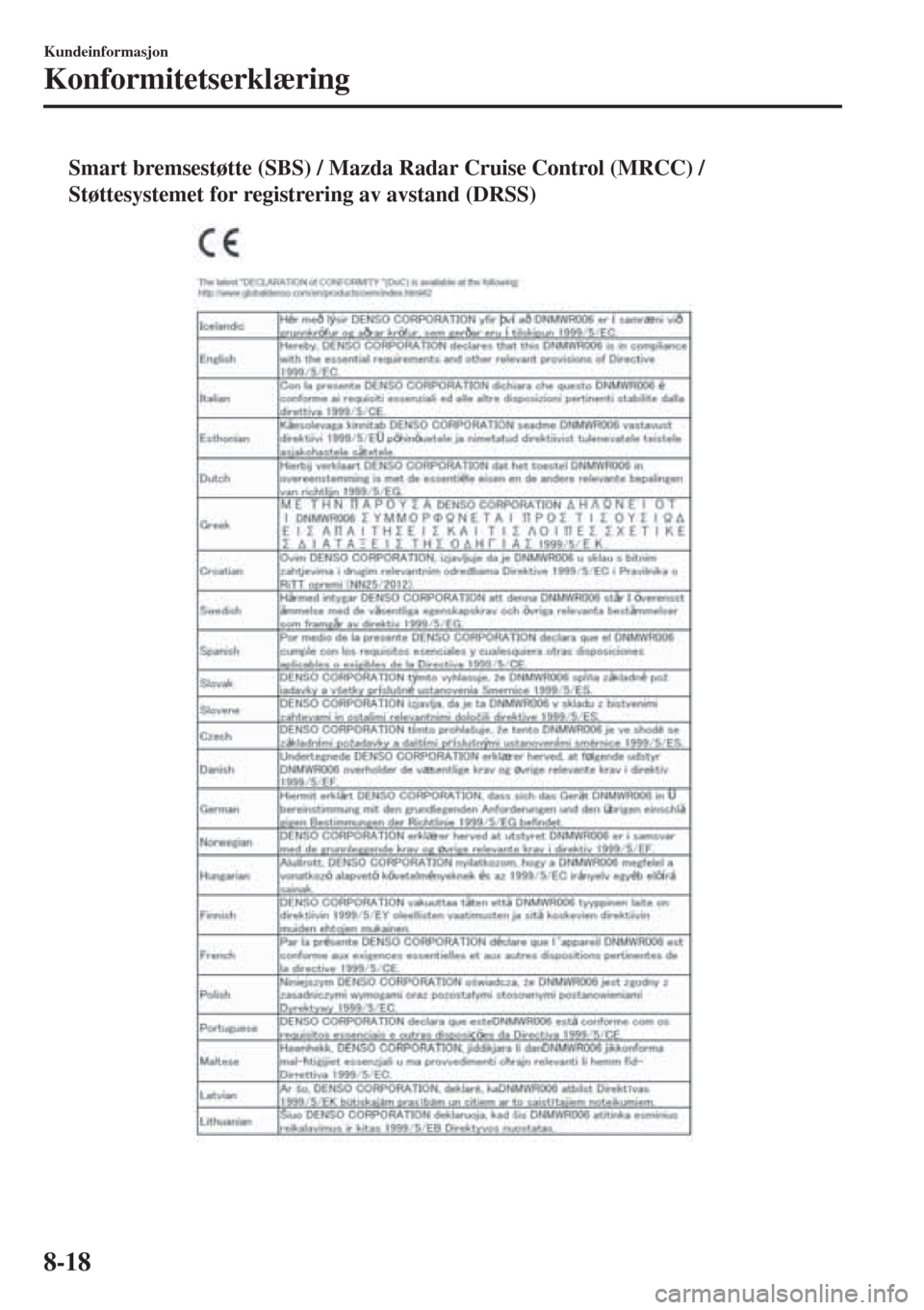 MAZDA MODEL CX-3 2015  Brukerhåndbok (in Norwegian) tSmart bremsestøtte (SBS) / Mazda Radar Cruise Control (MRCC) /
Støttesystemet for registrering av avstand (DRSS)
Kundeinformasjon
Konformitetserklæring
8-18 