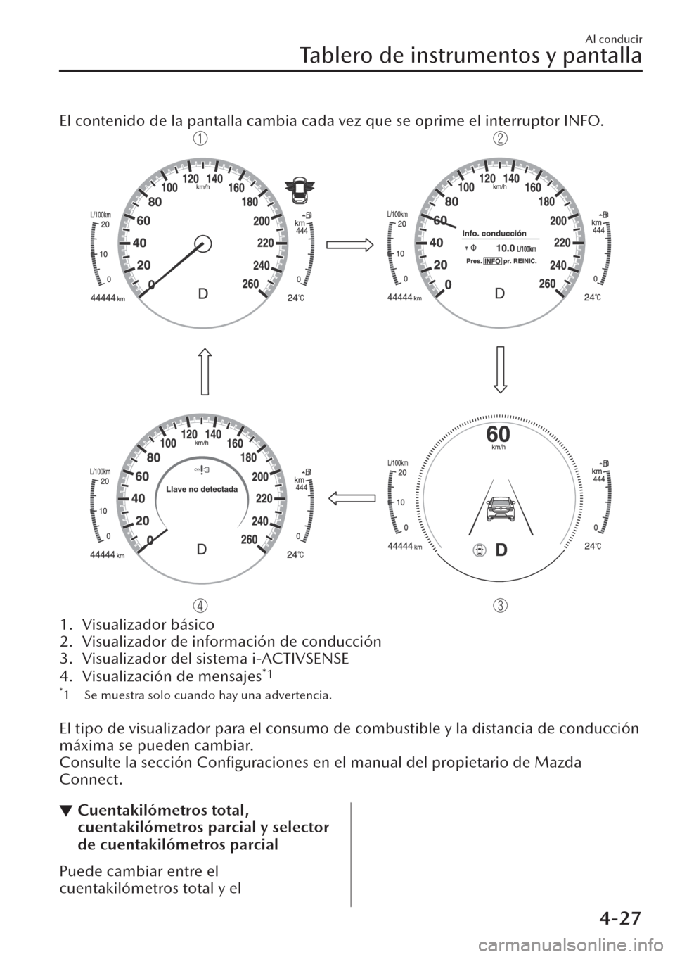 MAZDA MODEL CX-30 2019  Manual del propietario (in Spanish)  El contenido de la pantalla cambia cada vez que se oprime el interruptor INFO.
1. Visualizador básico
2. Visualizador de información de conducción
3. Visualizador del sistema i-ACTIVSENSE
4. Visual