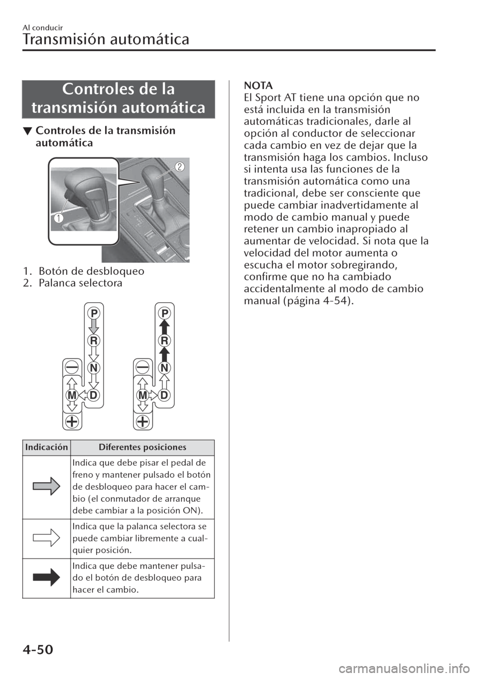 MAZDA MODEL CX-30 2019  Manual del propietario (in Spanish)  Controles de la
transmisión automática
▼Controles de la transmisión
automática
1. Botón de desbloqueo
2. Palanca selectora
 
Indicación Diferentes posiciones
Indica que debe pisar el pedal de
