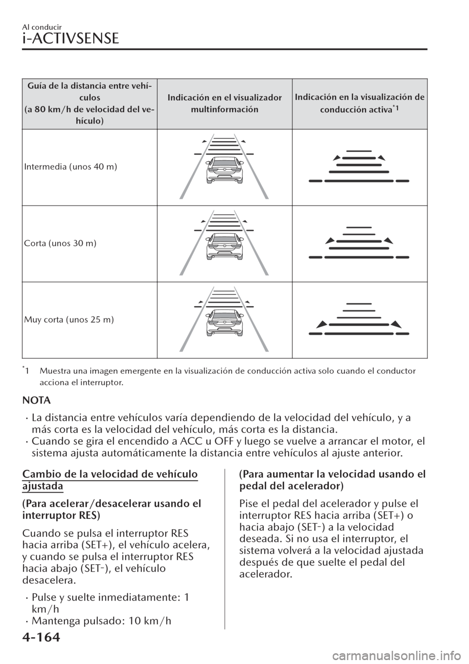 MAZDA MODEL CX-30 2019  Manual del propietario (in Spanish)  Guía de la distancia entre vehí-
culos
(a 80 km/h de velocidad del ve-
hículo)Indicación en el visualizador
multinformaciónIndicación en la visualización de
conducción activa
*1
Intermedia (un