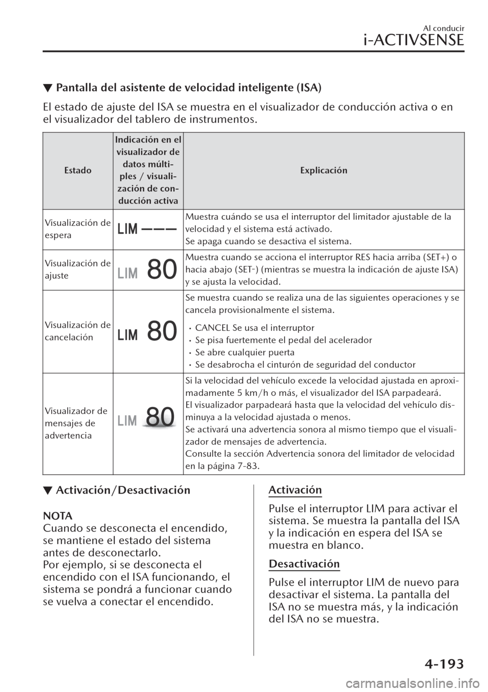 MAZDA MODEL CX-30 2019  Manual del propietario (in Spanish)  ▼Pantalla del asistente de velocidad inteligente (ISA)
El estado de ajuste del ISA se muestra en el visualizador de conducción activa o en
el visualizador del tablero de instrumentos.
EstadoIndicac