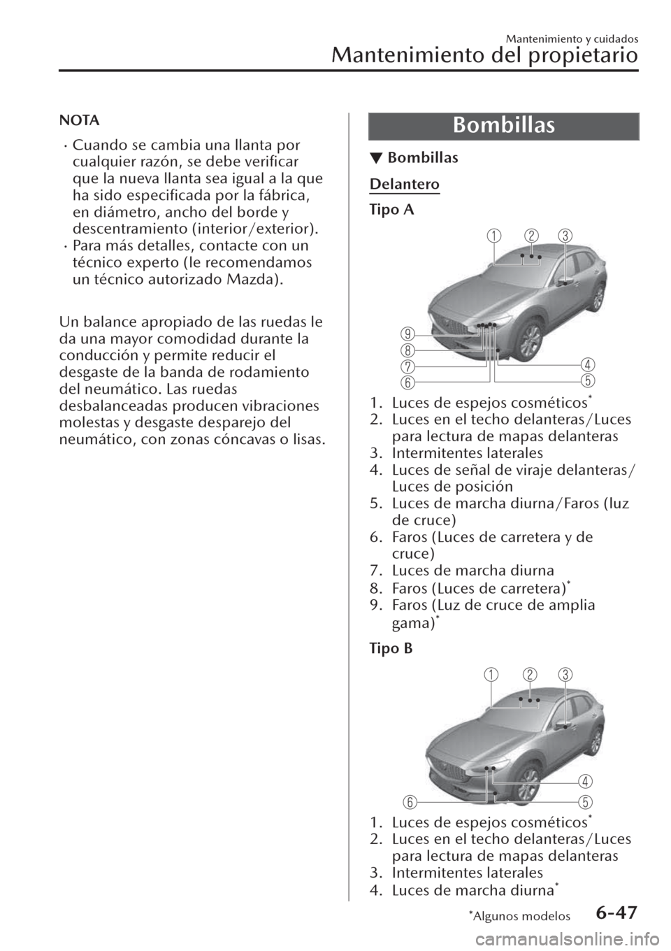 MAZDA MODEL CX-30 2019  Manual del propietario (in Spanish)  NOTA
�xCuando se cambia una llanta por
cualquier razón, se debe veriﬁcar
que la nueva llanta sea igual a la que
ha sido especiﬁcada por la fábrica,
en diámetro, ancho del borde y
descentramient
