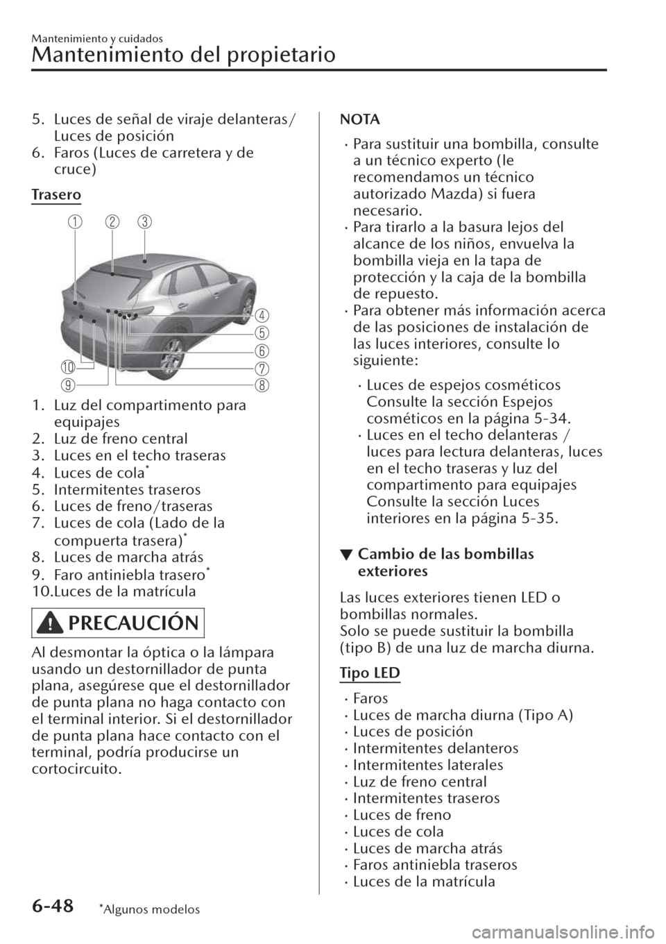 MAZDA MODEL CX-30 2019  Manual del propietario (in Spanish)  5. Luces de señal de viraje delanteras/
Luces de posición
6. Faros (Luces de carretera y de
cruce)
Tra s e ro
1. Luz del compartimento para
equipajes
2. Luz de freno central
3. Luces en el techo tra