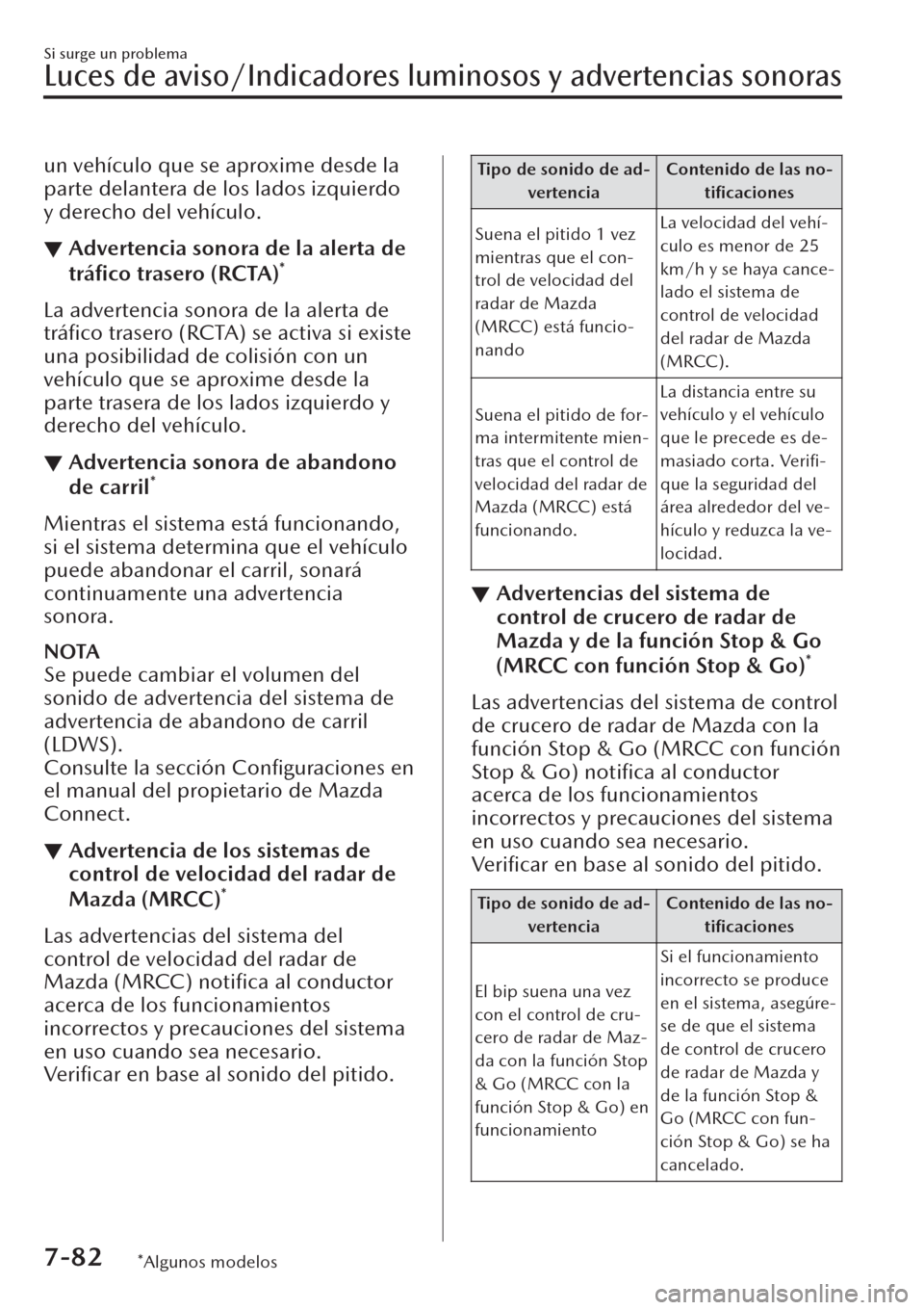 MAZDA MODEL CX-30 2019  Manual del propietario (in Spanish)  un vehículo que se aproxime desde la
parte delantera de los lados izquierdo
y derecho del vehículo.
▼Advertencia sonora de la alerta de
tráﬁco trasero (RCTA)*
La advertencia sonora de la alerta