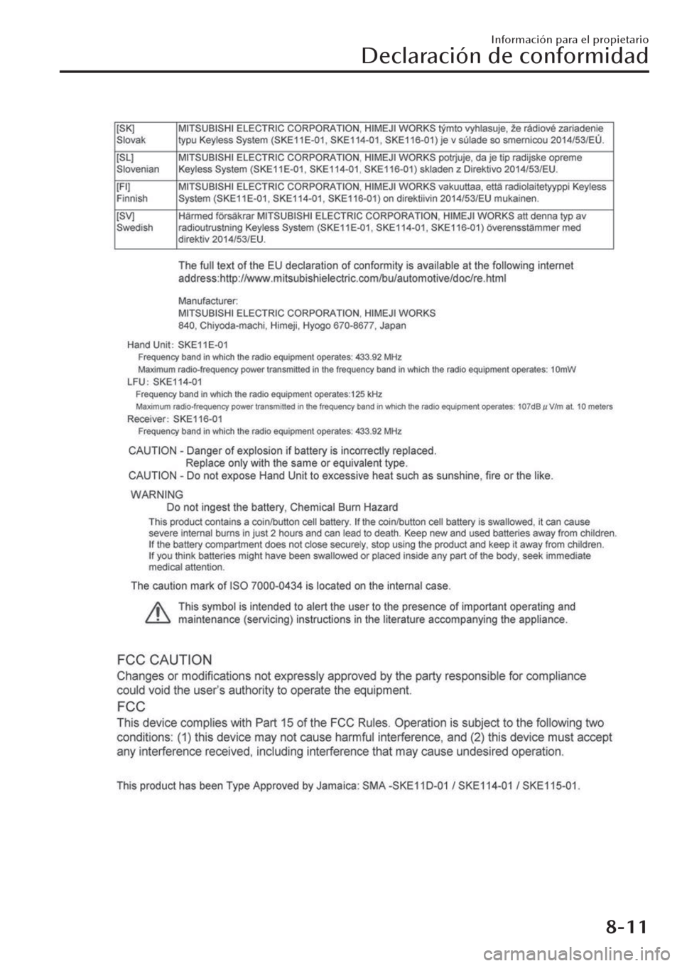MAZDA MODEL CX-30 2019  Manual del propietario (in Spanish)  Información para el propietario
Declaración de conformidad
8-11 