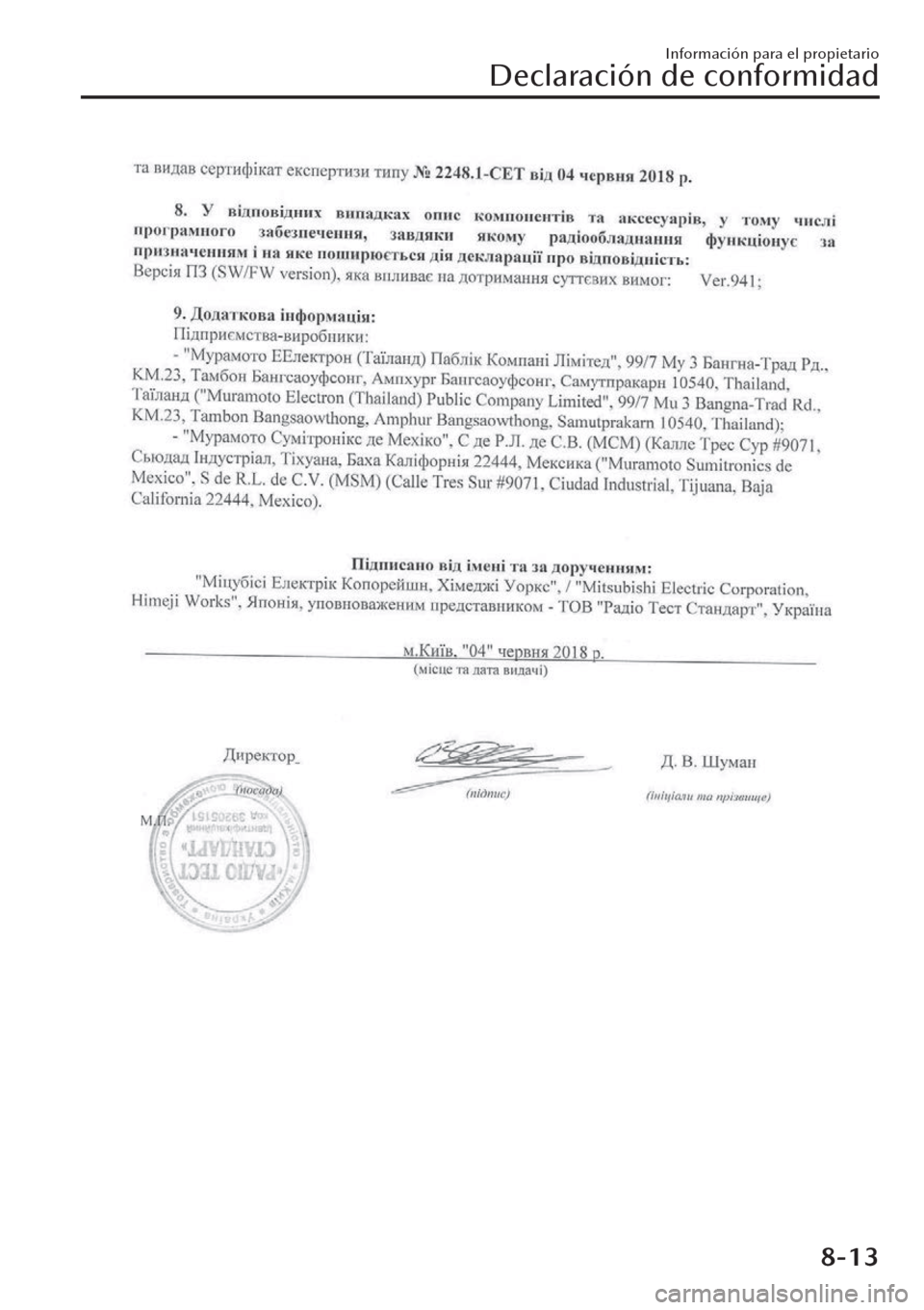 MAZDA MODEL CX-30 2019  Manual del propietario (in Spanish)  Información para el propietario
Declaración de conformidad
8-13 