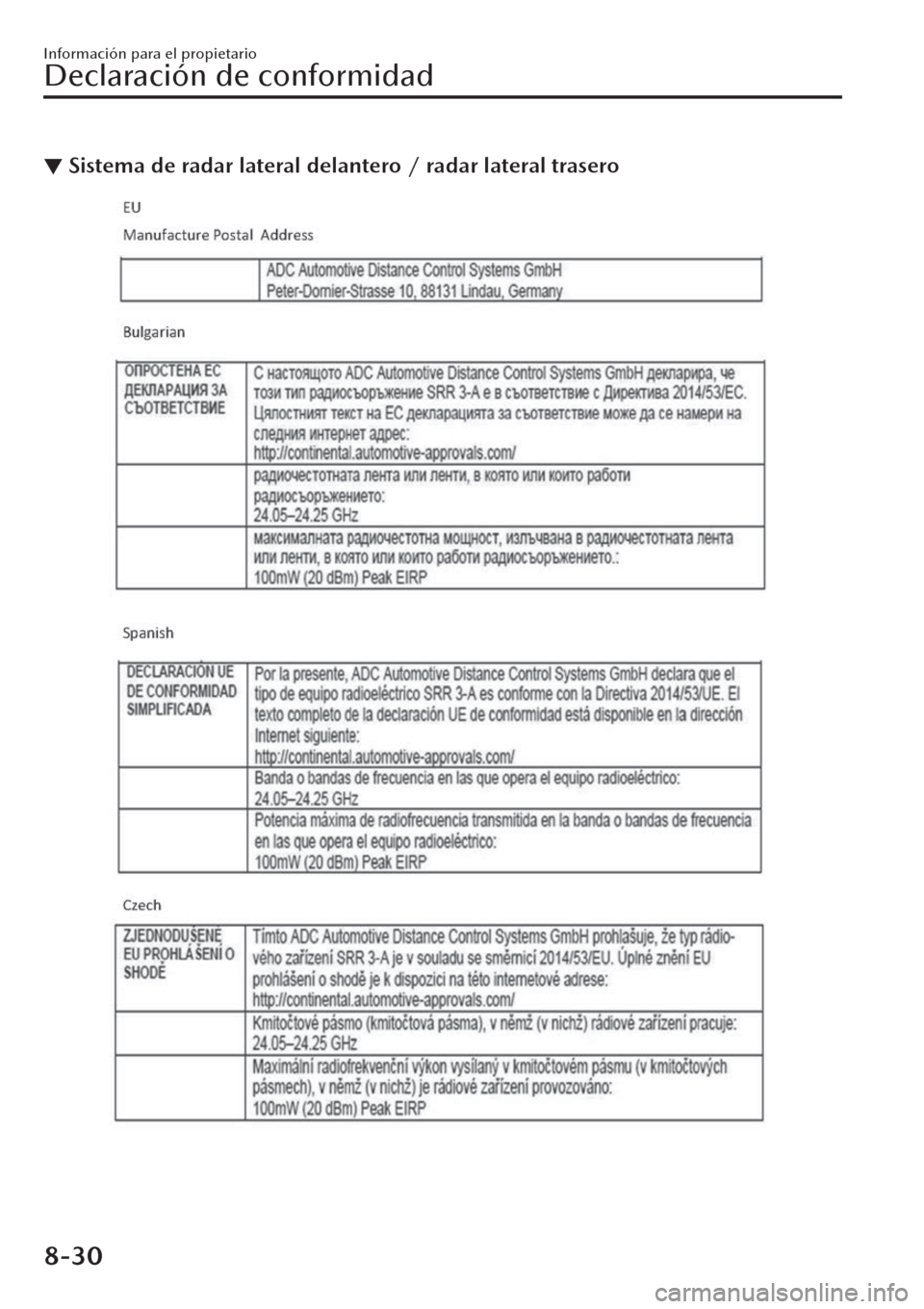 MAZDA MODEL CX-30 2019  Manual del propietario (in Spanish)  ▼Sistema de radar lateral delantero / radar lateral trasero
Información para el propietario
Declaración de conformidad
8-30 