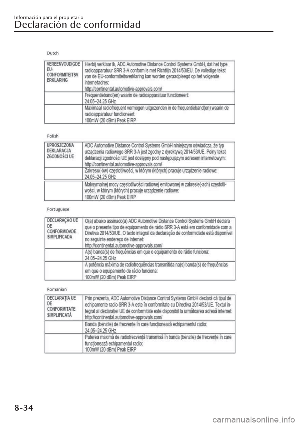 MAZDA MODEL CX-30 2019  Manual del propietario (in Spanish)  Información para el propietario
Declaración de conformidad
8-34 
