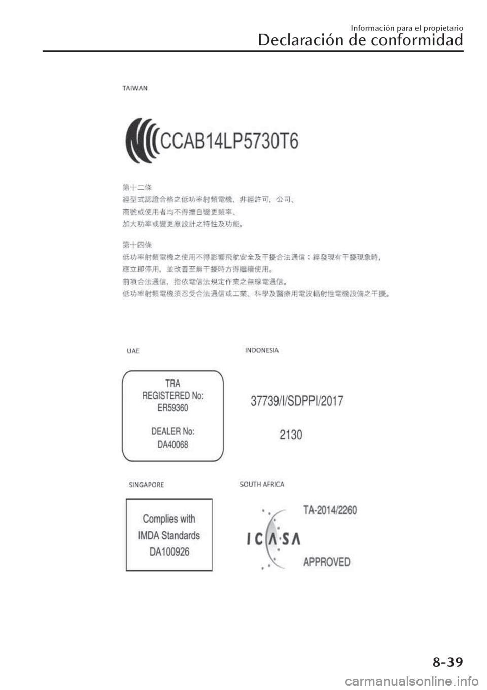 MAZDA MODEL CX-30 2019  Manual del propietario (in Spanish)  Información para el propietario
Declaración de conformidad
8-39 