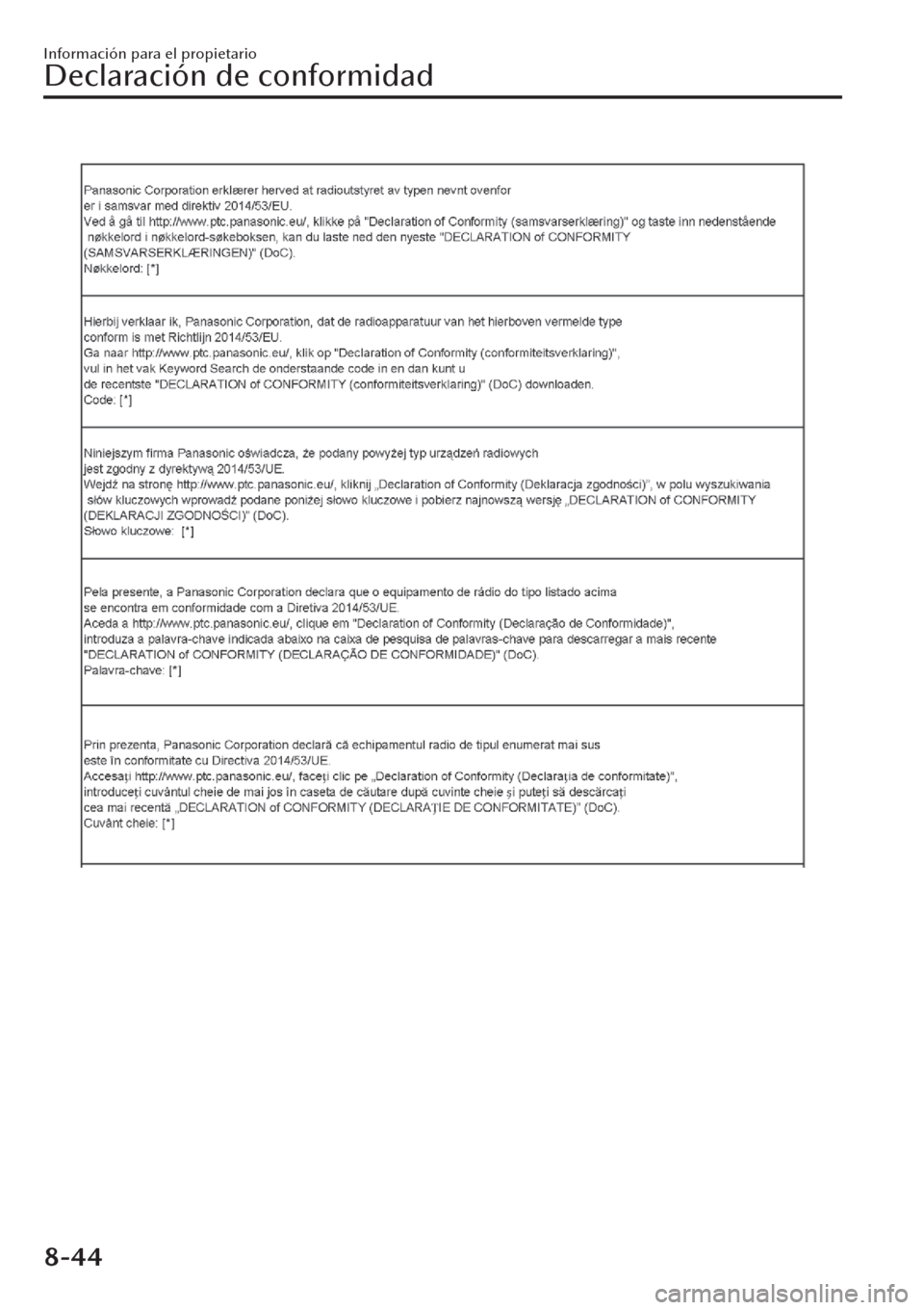 MAZDA MODEL CX-30 2019  Manual del propietario (in Spanish)  Información para el propietario
Declaración de conformidad
8-44 