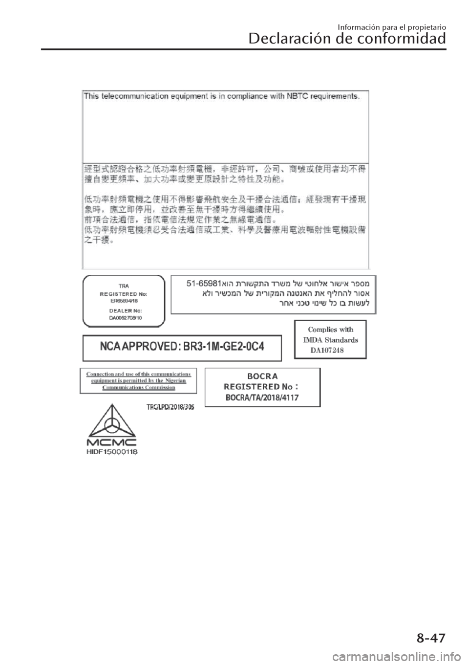 MAZDA MODEL CX-30 2019  Manual del propietario (in Spanish)  Información para el propietario
Declaración de conformidad
8-47 