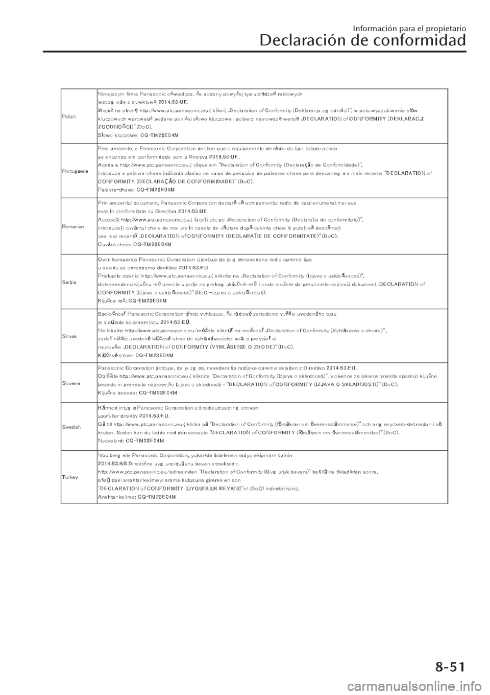MAZDA MODEL CX-30 2019  Manual del propietario (in Spanish)  Información para el propietario
Declaración de conformidad
8-51 