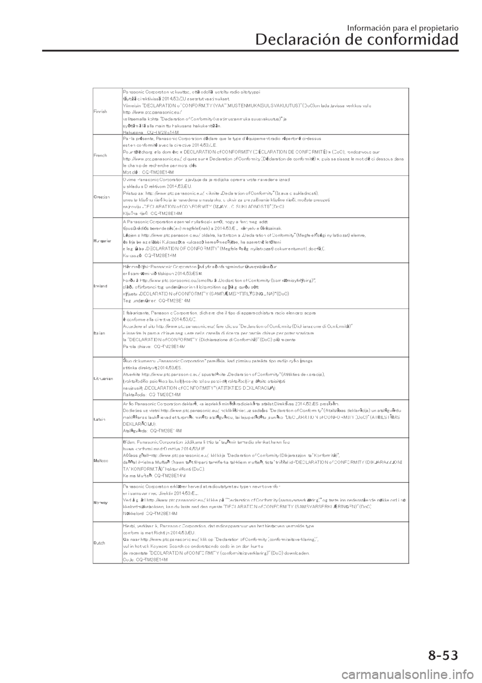 MAZDA MODEL CX-30 2019  Manual del propietario (in Spanish)  Información para el propietario
Declaración de conformidad
8-53 