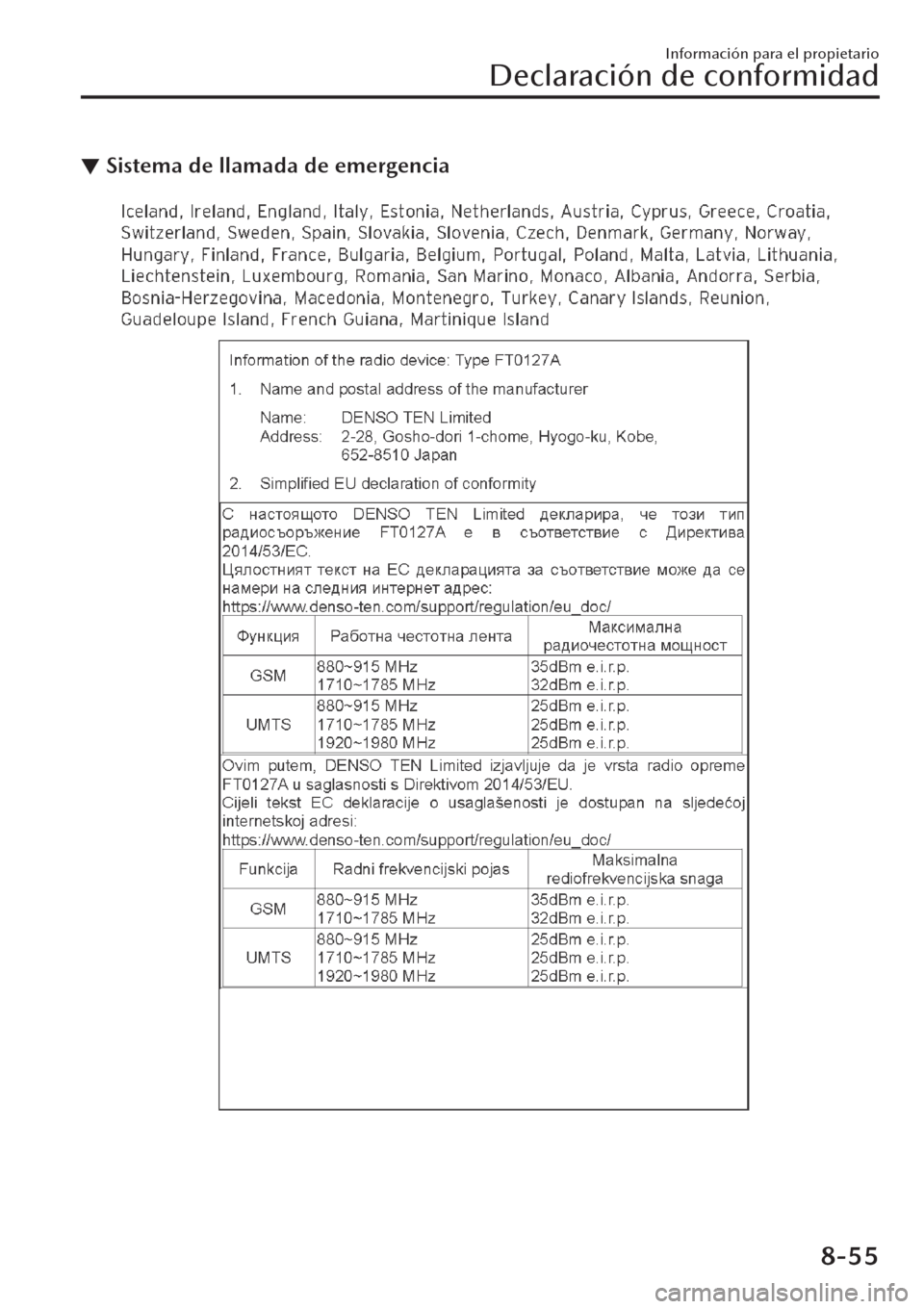 MAZDA MODEL CX-30 2019  Manual del propietario (in Spanish)  ▼Sistema de llamada de emergencia
Información para el propietario
Declaración de conformidad
8-55 