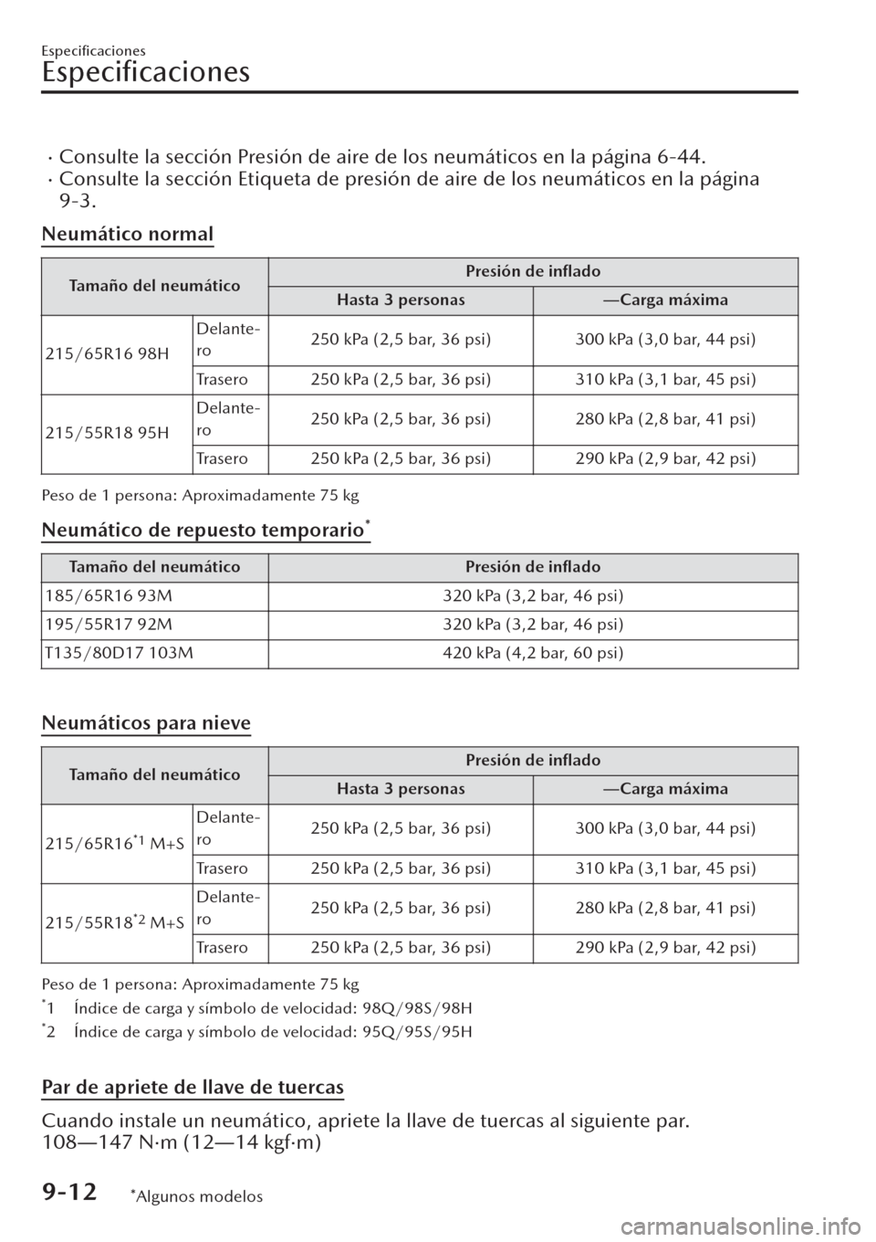 MAZDA MODEL CX-30 2019  Manual del propietario (in Spanish)  �xConsulte la sección Presión de aire de los neumáticos en la página 6-44.�xConsulte la sección Etiqueta de presión de aire de los neumáticos en la página
9-3.
Neumático normal
Tamaño del ne