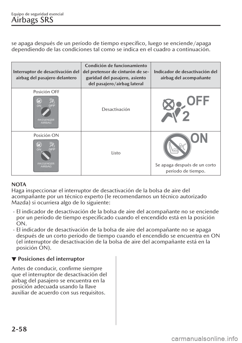 MAZDA MODEL CX-30 2019  Manual del propietario (in Spanish)  se apaga después de un período de tiempo especíﬁco, luego se enciende/apaga
dependiendo de las condiciones tal como se indica en el cuadro a continuación.
 
Interruptor de desactivación del
air