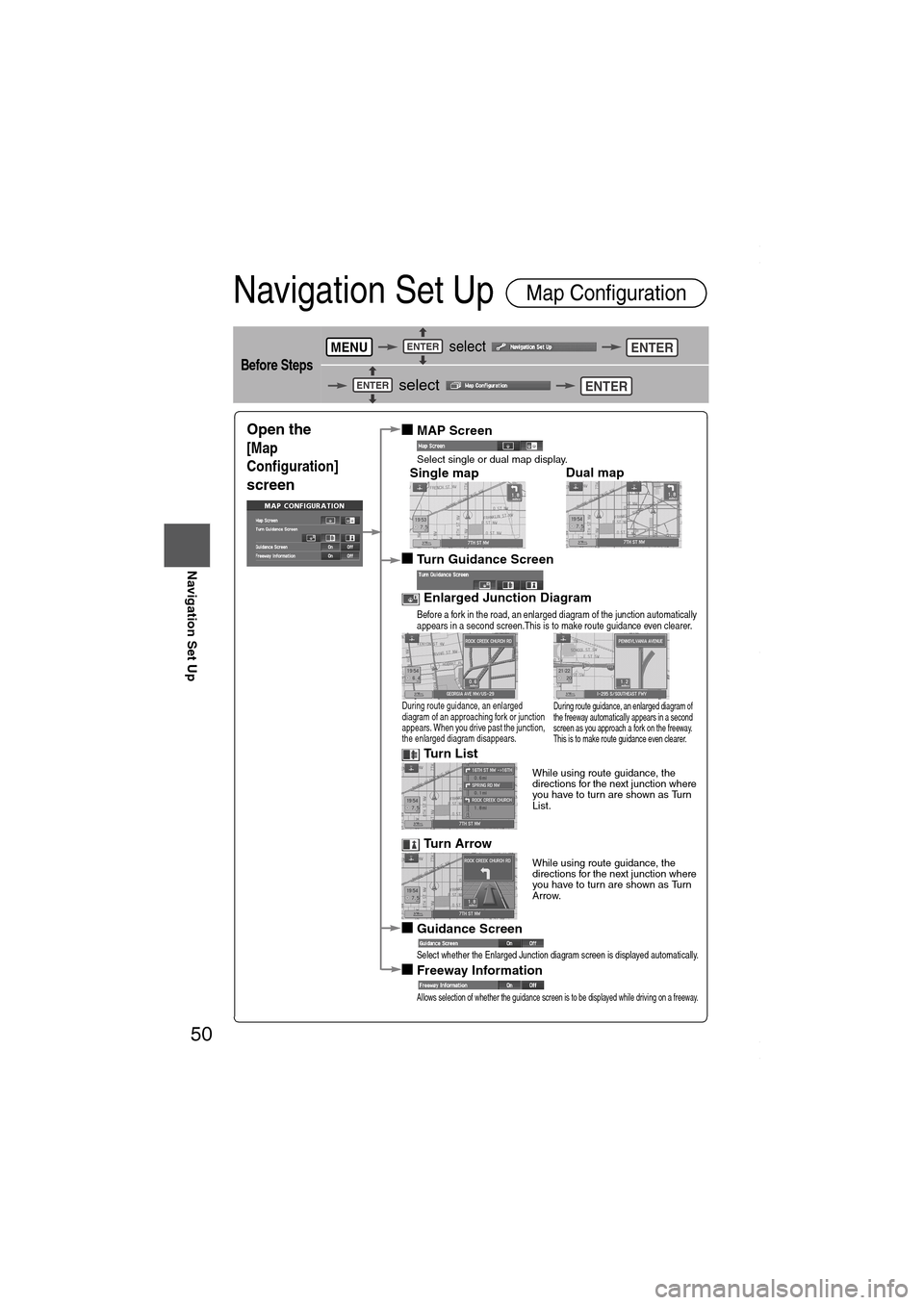MAZDA MODEL 6 SPORTS SEDAN 2006 Owners Manual (in English) 50
Before
UseGetting
startedRoutingAddress
Book
Navigation Set Up
Navigation Set Up
Before Steps
select
select
Map Configuration
MENUENTERENTER
ENTERENTER
Open the
[Map
Configuratio MAZDA MODEL 6 SPORTS SEDAN 2006 Owners Manual (in English) 50
Before
UseGetting
startedRoutingAddress
Book
Navigation Set Up
Navigation Set Up
Before Steps
select
select
Map Configuration
MENUENTERENTER
ENTERENTER
Open the
[Map
Configuratio
