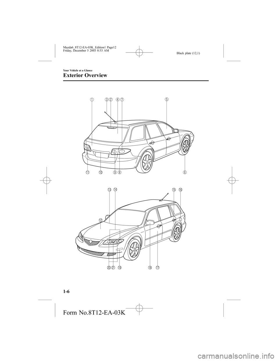 MAZDA MODEL 6 SPORTS SEDAN 2004  Owners Manual (in English) Black plate (12,1)
1-6
Your Vehicle at a Glance
Exterior Overview
Mazda6_8T12-EA-03K_Edition1 Page12
Friday, December 5 2003 8:53 AM
Form No.8T12-EA-03K 