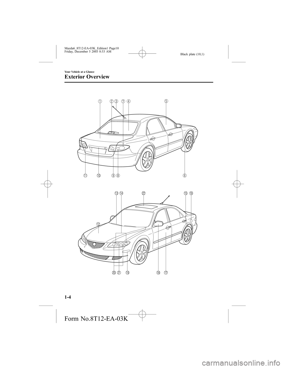 MAZDA MODEL 6 SPORTS SEDAN 2004  Owners Manual (in English) Black plate (10,1)
1-4
Your Vehicle at a Glance
Exterior Overview
Mazda6_8T12-EA-03K_Edition1 Page10
Friday, December 5 2003 8:53 AM
Form No.8T12-EA-03K 