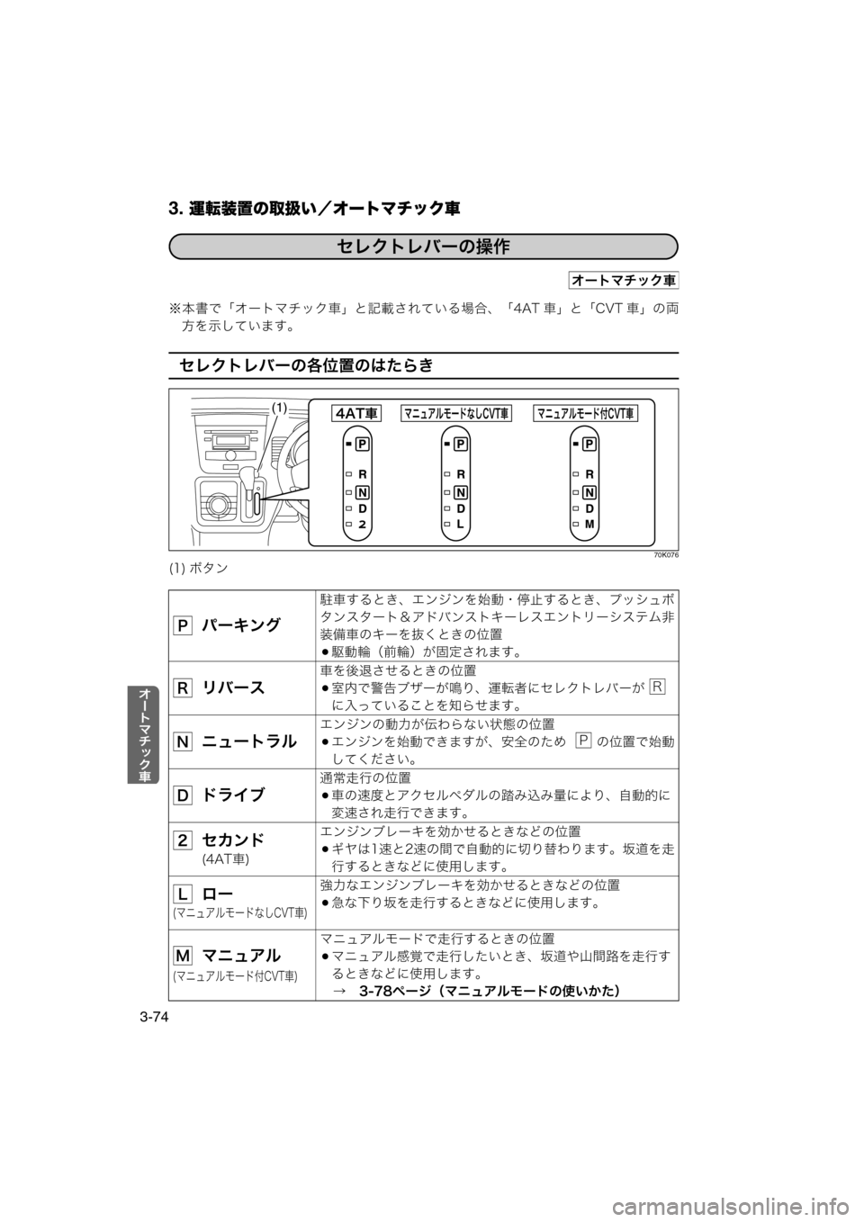 MAZDA MODEL AZ-WAGON 2011  取扱説明書 (in Japanese) 3. 運転装置の取扱い／オートマチック車
3-74
tÐ’¨‹Éy~
※本書で「オートマチック車」と記載されている場合、「4AT 車」と「CVT 車」の両
方