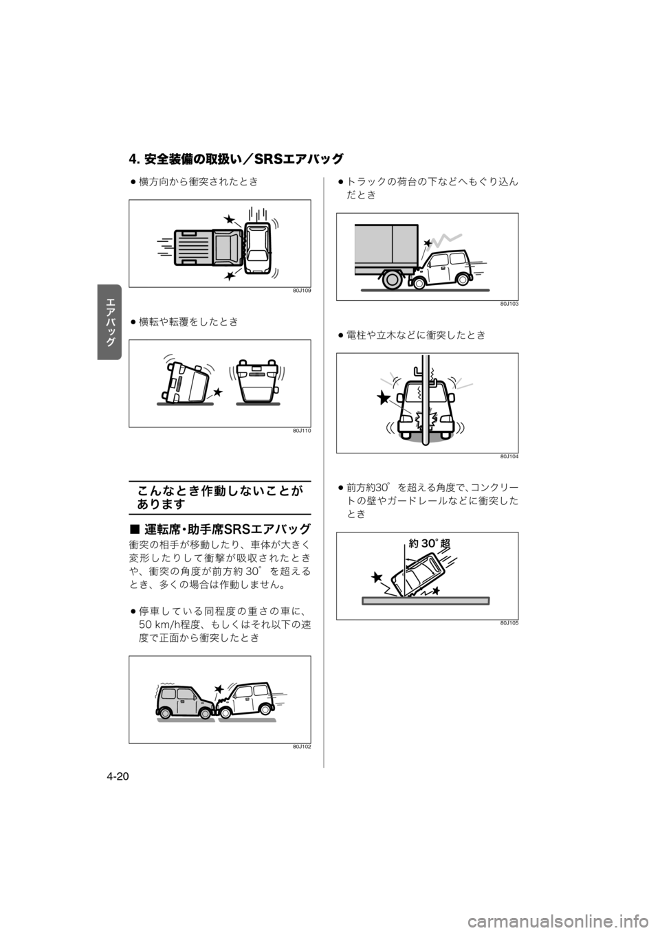 MAZDA MODEL AZ-WAGON 2011  取扱説明書 (in Japanese) 4. 安全装備の取扱い／SRSエアバッグ
4-20
rlšÉ
z
横方向から衝突されたとき
80J109
横転や転覆をしたとき
80J110
こんなとき作動しないことが
あ