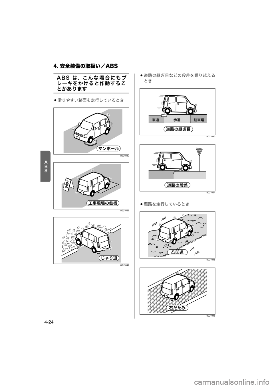 MAZDA MODEL AZ-WAGON 2011  取扱説明書 (in Japanese) 4. 安全装備の取扱い／ABS
4-24
>?P
ABS は、こんな場合にもブ
レーキをかけると作動するこ
とがあります
滑りやすい路面を走行しているとき
80J1040
