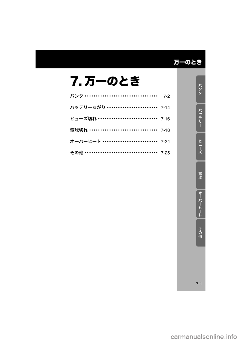 MAZDA MODEL AZ-WAGON 2011  取扱説明書 (in Japanese) ›
½y
œËÐ„
Ö9
tÐšÐœÐ’
0AE šÉ

万一のとき
7-1
7. 万一のとき
パンク ･･･････････････････････････