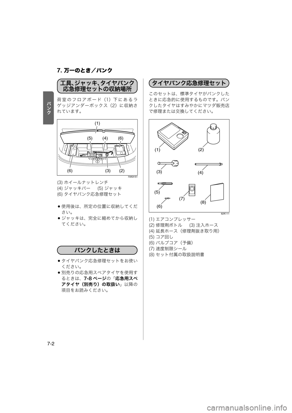 MAZDA MODEL AZ-WAGON 2011  取扱説明書 (in Japanese) 7. 万一のとき／パンク
7-2
›
½y荷室のフロアボード（1）下にあるラ
ゲッジアンダーボックス（2）に収納さ
れています。
70K9151
使用後は、所定
