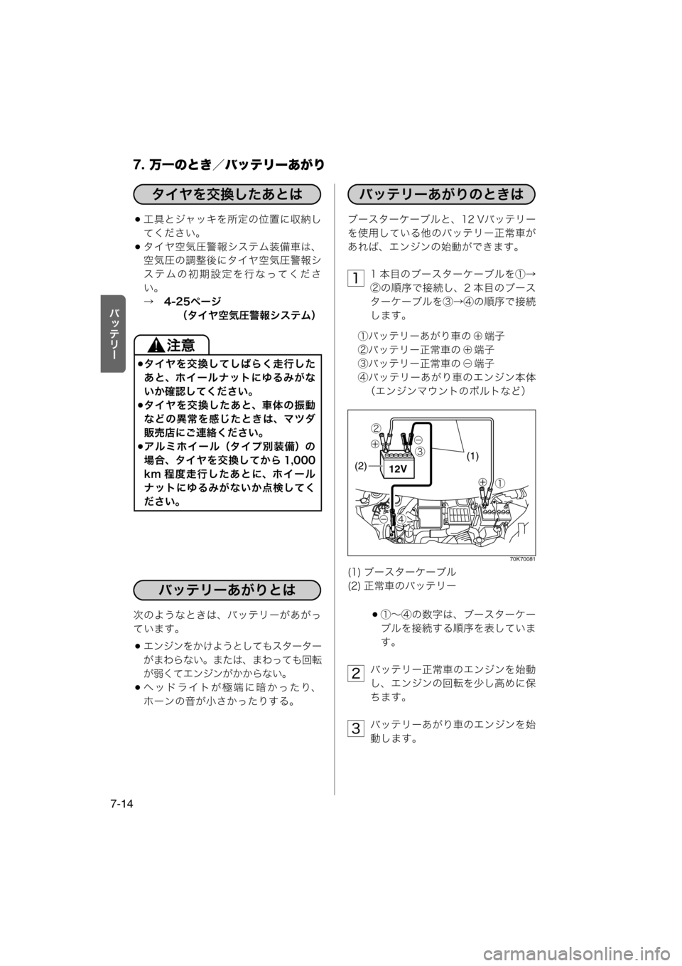MAZDA MODEL AZ-WAGON 2011  取扱説明書 (in Japanese) 7. 万一のとき／バッテリーあがり
7-14
šÉ

工具とジャッキを所定の位置に収納し
てください。
タイヤ空気圧警報システム装備車は、
空気圧