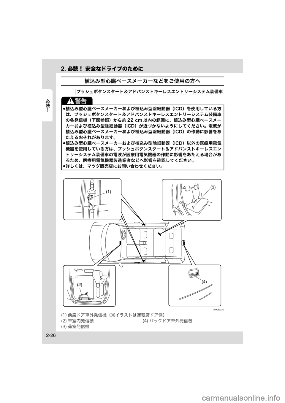 MAZDA MODEL AZ-WAGON 2011  取扱説明書 (in Japanese) 2. 必読！ 安全なドライブのために
	Rc
2-26
植込み型心臓ペースメーカーなどをご使用の方へ
70K20030
植込み型心臓ペースメーカーおよび植込み型
