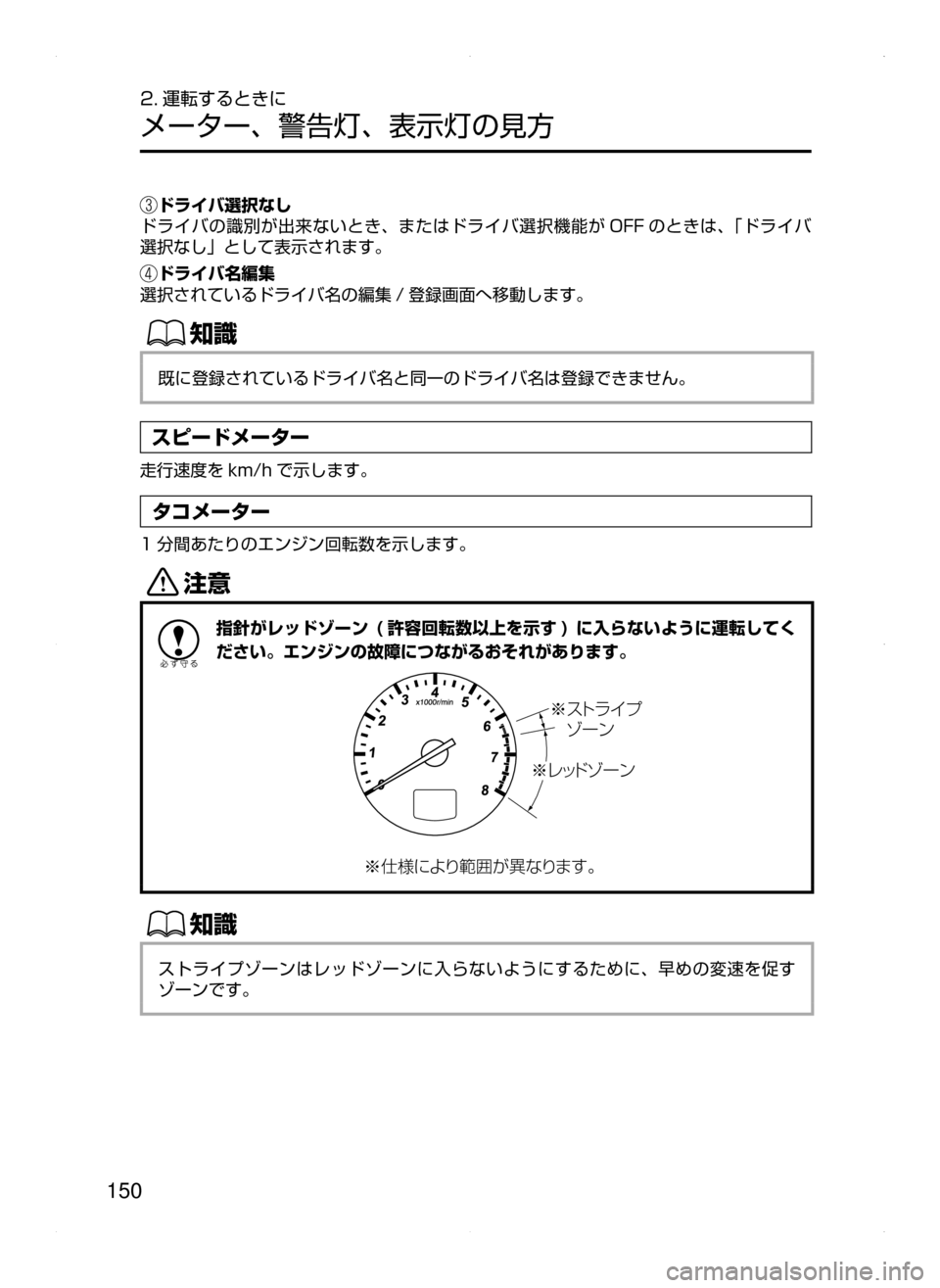 MAZDA MODEL ATENZA 2015  アテンザ｜取扱説明書 (in Japanese) 150
2. 運転するときに
メーター､ 警告灯､ 表示灯の見方
ドライバ選択なし
ドライバの識別が出来ないとき､ またはドライバ選択機能が OFF のとき