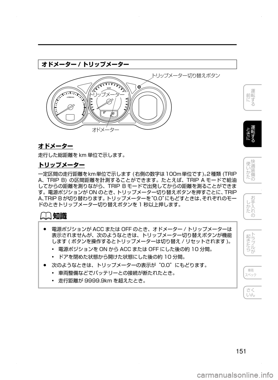 MAZDA MODEL ATENZA 2015  アテンザ｜取扱説明書 (in Japanese) 151
運転する
﻿﻿
前に
運転する
﻿﻿
ときに
快適装備の
使いかた
お手入れの
しかた
トラブルが
起きたら
車両
スペック
さく
いん
オドメーター / 