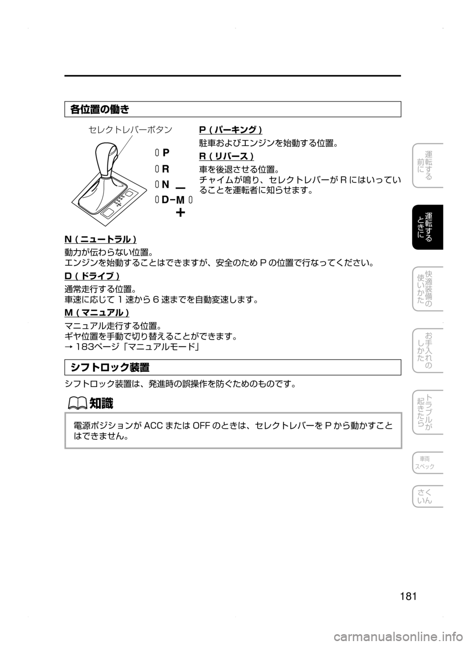 MAZDA MODEL ATENZA 2015  アテンザ｜取扱説明書 (in Japanese) 181
運転する
﻿﻿
前に
運転する
﻿﻿
ときに
快適装備の
使いかた
お手入れの
しかた
トラブルが
起きたら
車両
スペック
さく
いん
各位置の働き
