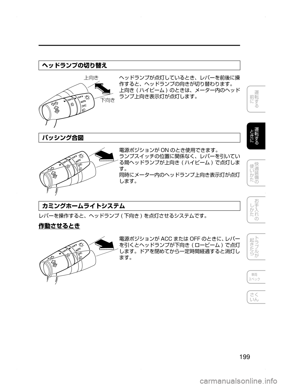 MAZDA MODEL ATENZA 2015  アテンザ｜取扱説明書 (in Japanese) 199
運転する
﻿﻿
前に
運転する
﻿﻿
ときに
快適装備の
使いかた
お手入れの
しかた
トラブルが
起きたら
車両
スペック
さく
いん
ヘッドランプの