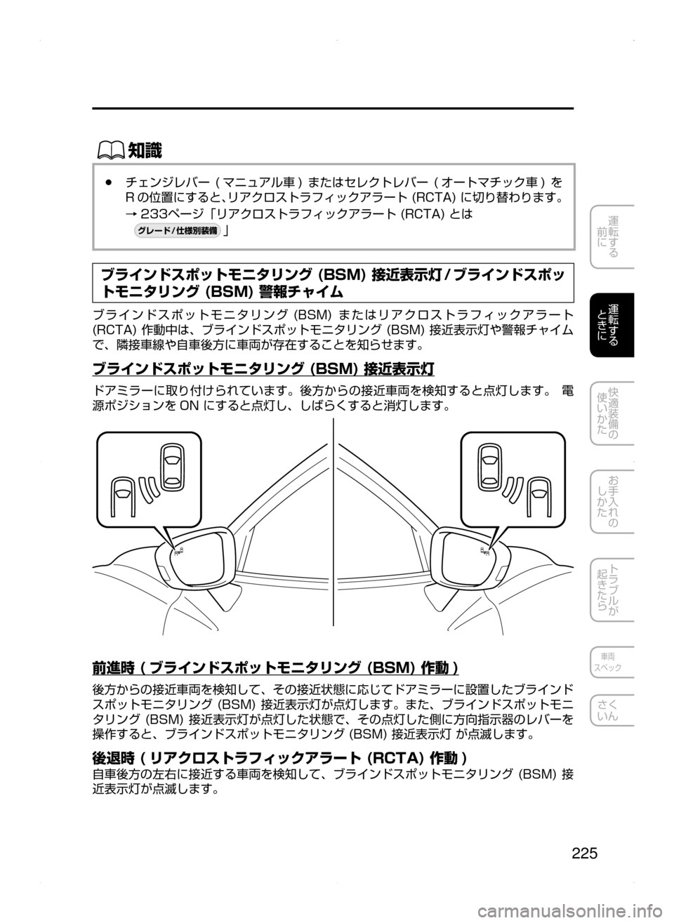 MAZDA MODEL ATENZA 2015  アテンザ｜取扱説明書 (in Japanese) 225
運転する
﻿﻿
前に
運転する
﻿﻿
ときに
快適装備の
使いかた
お手入れの
しかた
トラブルが
起きたら
車両
スペック
さく
いん
ŒÝ
﻿﻿●チ