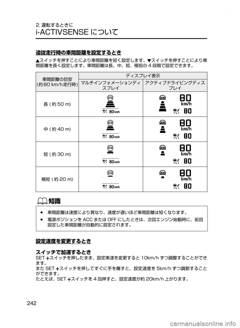 MAZDA MODEL ATENZA 2015  アテンザ｜取扱説明書 (in Japanese) 242
2. 運転するときに
i-ACTIVSENSE について
追従走行時の車間距離を設定するとき
スイッチを押すことにより車間距離を短く設定します。スイッチを押