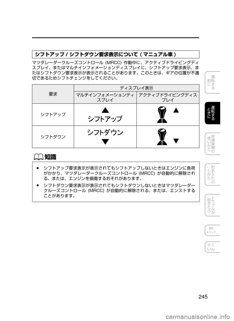 MAZDA MODEL ATENZA 2015  アテンザ｜取扱説明書 (in Japanese) 245
運転する
﻿﻿
前に
運転する
﻿﻿
ときに
快適装備の
使いかた
お手入れの
しかた
トラブルが
起きたら
車両
スペック
さく
いん
シフトアップ / 